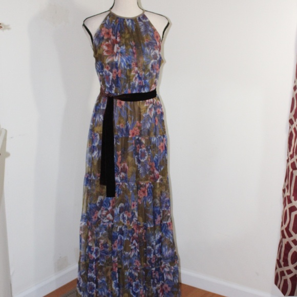 Candalite Petite, shear overlay Floral Halter Maxi Dress - Picture 1 of 11